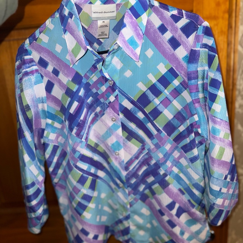 Alfred Dunner Petite Blue and Purple Plaid Shirt